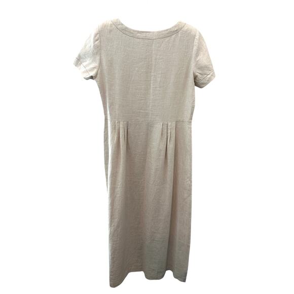 LAURA ASHLEY | Linen V-Neck Short Sleeve Midi Dress Beige Y2K | Size 6 - Picture 3 of 10